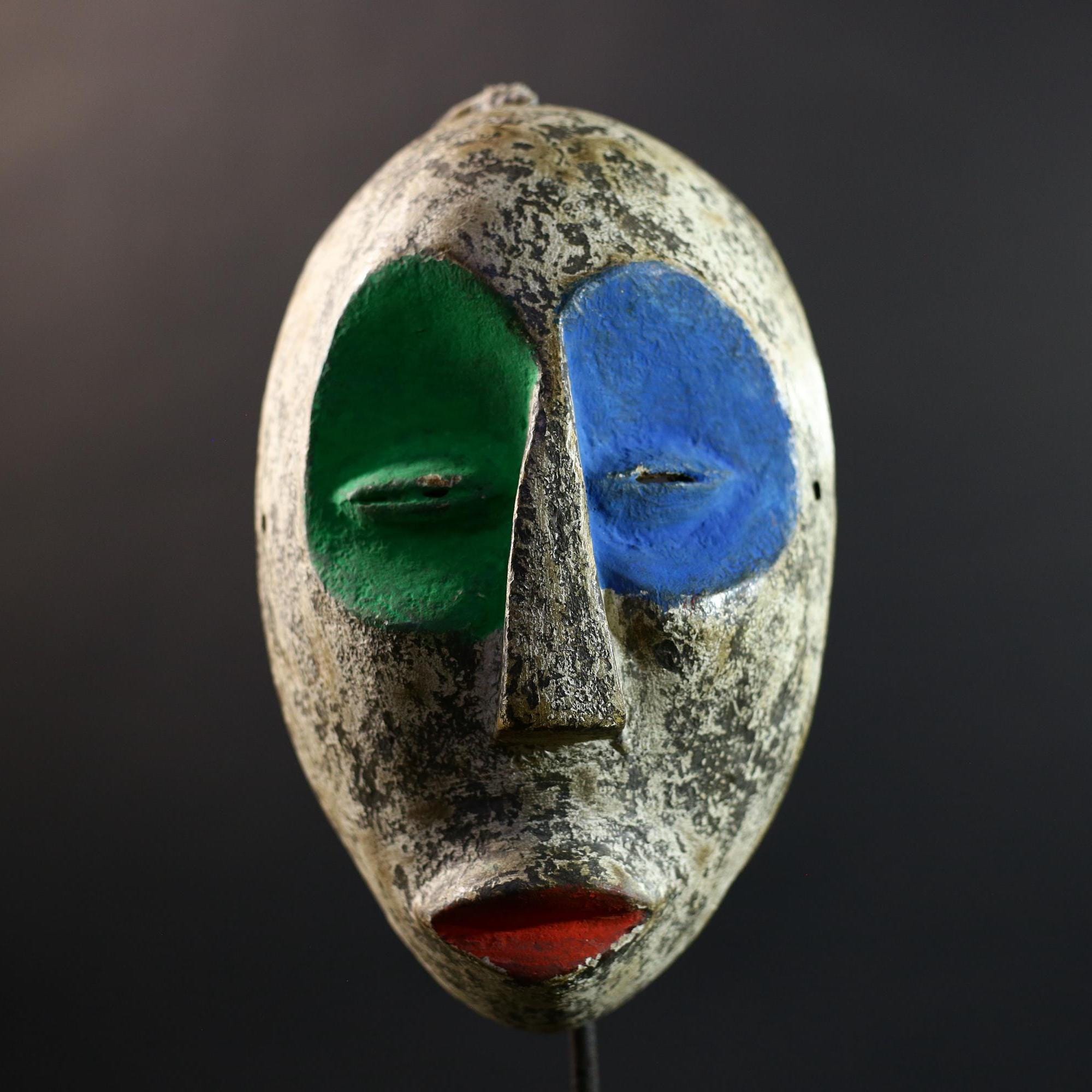 African Mask | Ogoni Spirit | Nigeria Tribal Art | Kaolin Wood Green Blue | Vintage Wall Decor-G5304