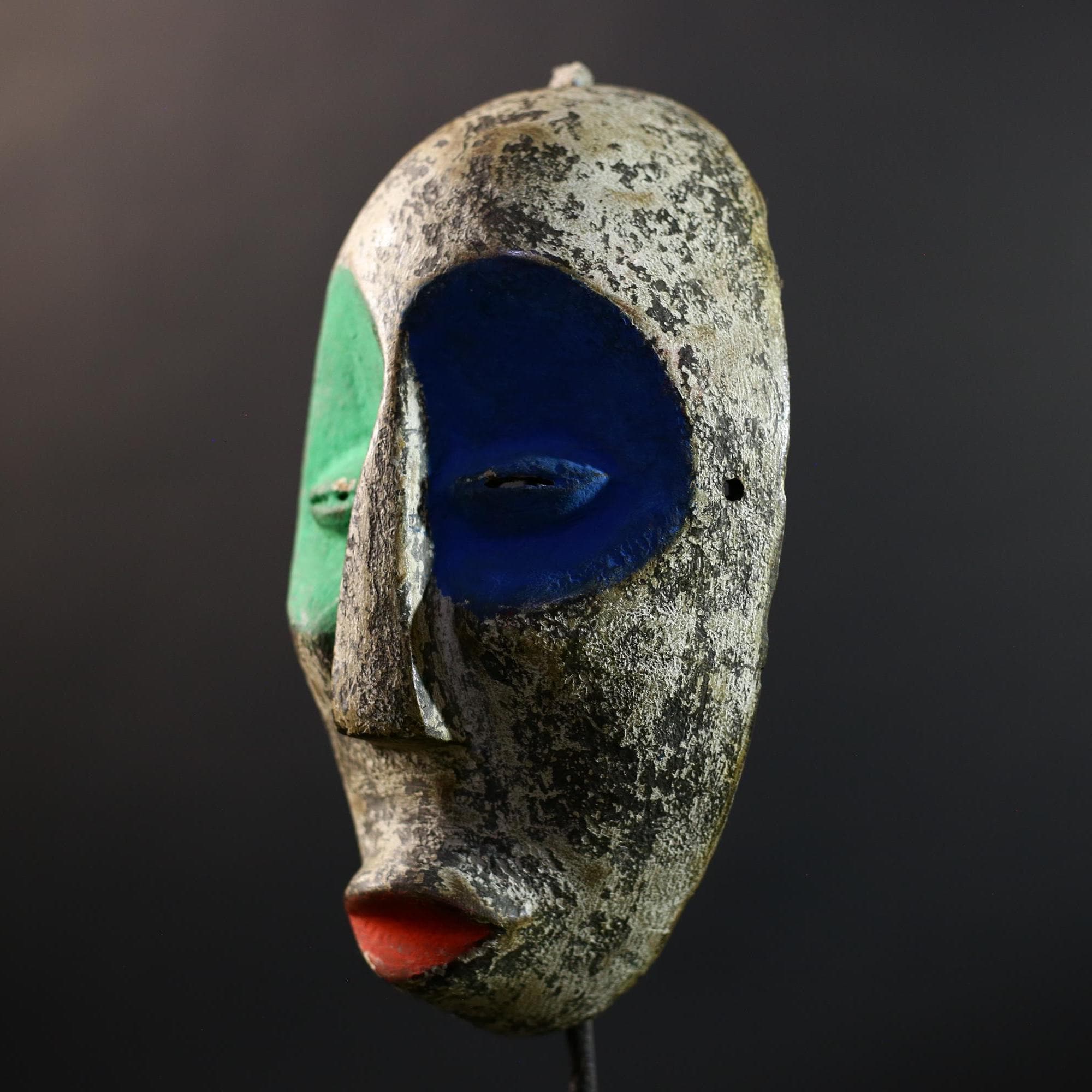 African Mask | Ogoni Spirit | Nigeria Tribal Art | Kaolin Wood Green Blue | Vintage Wall Decor-G5304