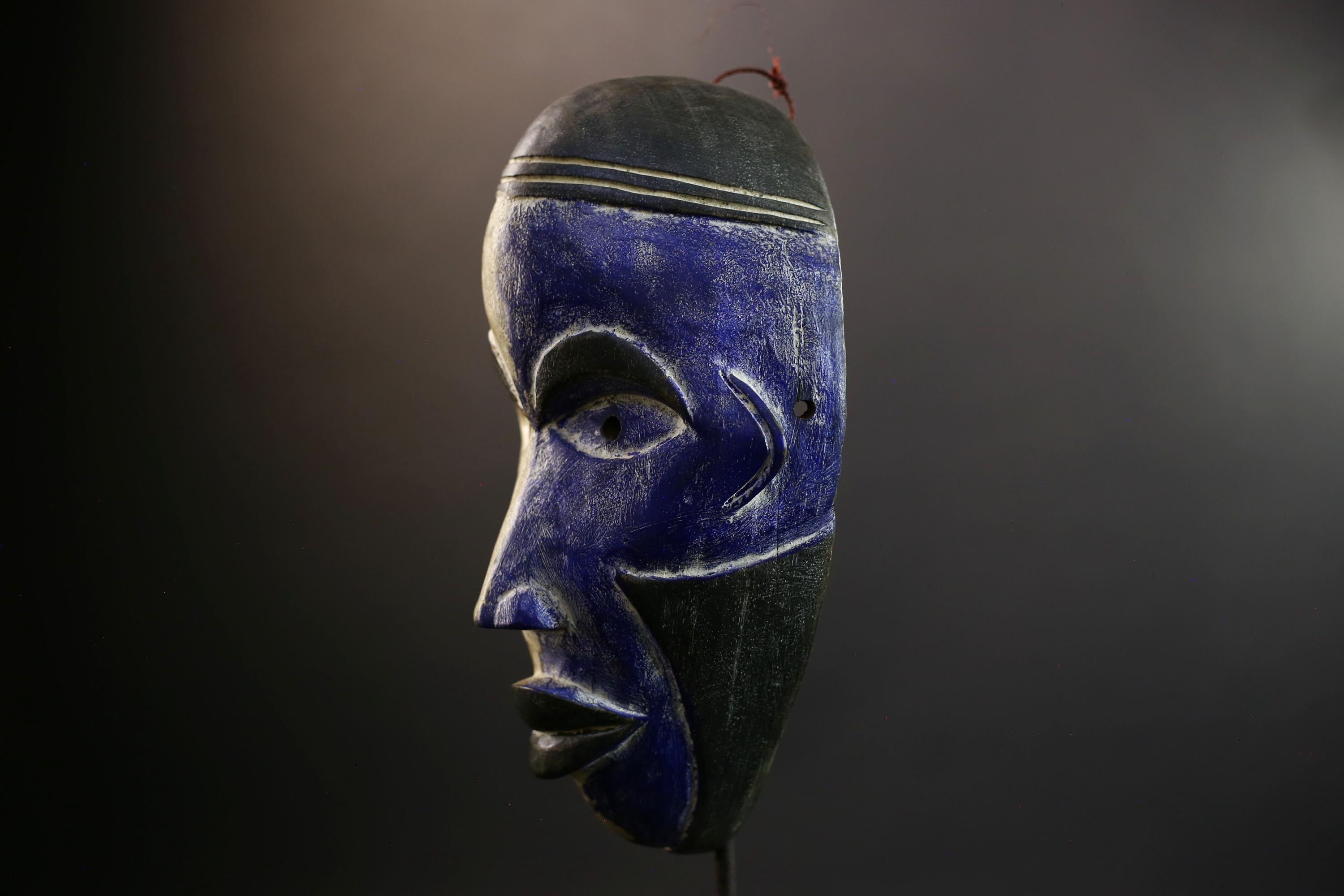 African Mask | Pende Split-Face | Blue White Wall Decor | Hand-Carved Wood Art | DR Congo Tribal Vintage-G5303