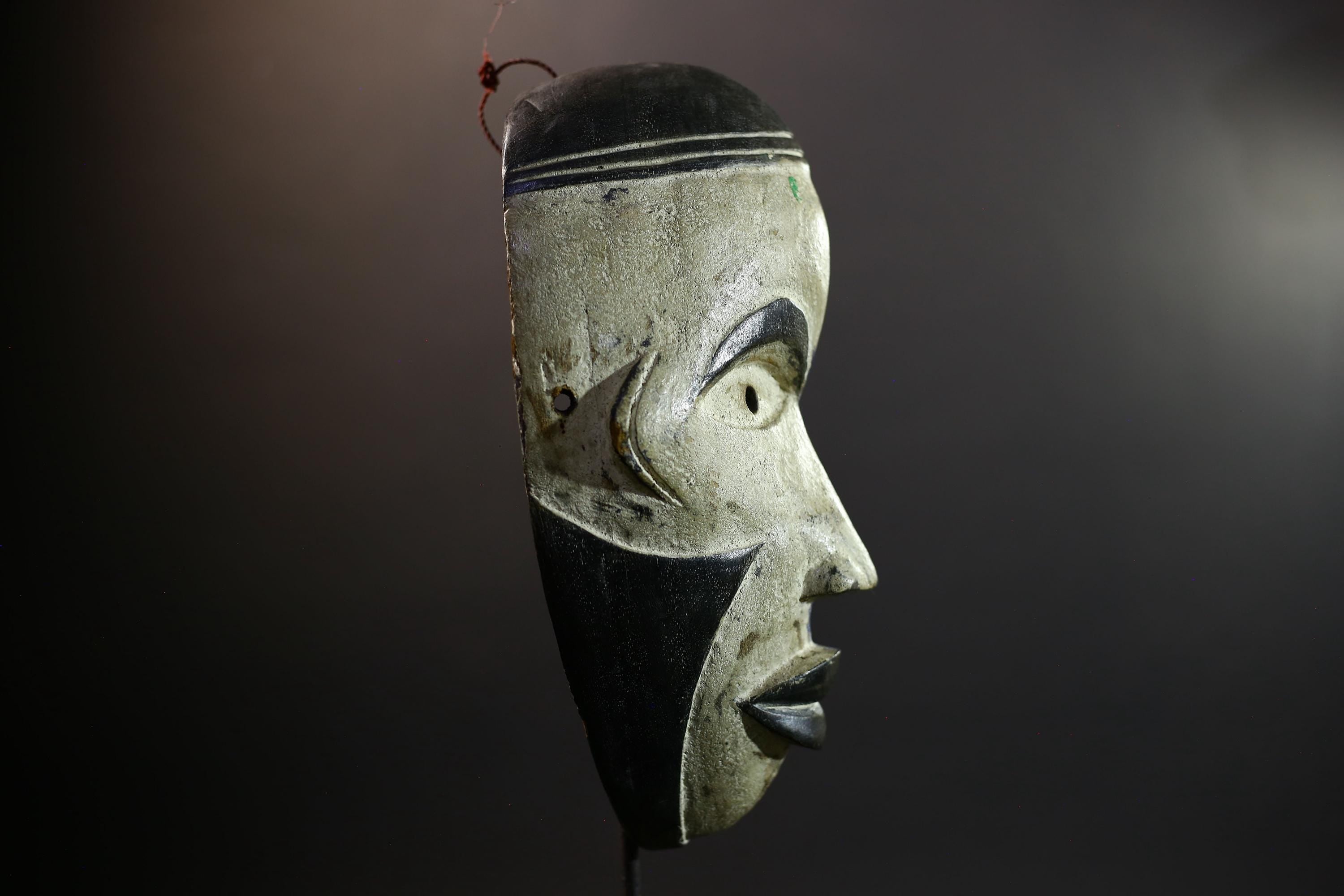 African Mask | Pende Split-Face | Blue White Wall Decor | Hand-Carved Wood Art | DR Congo Tribal Vintage-G5303