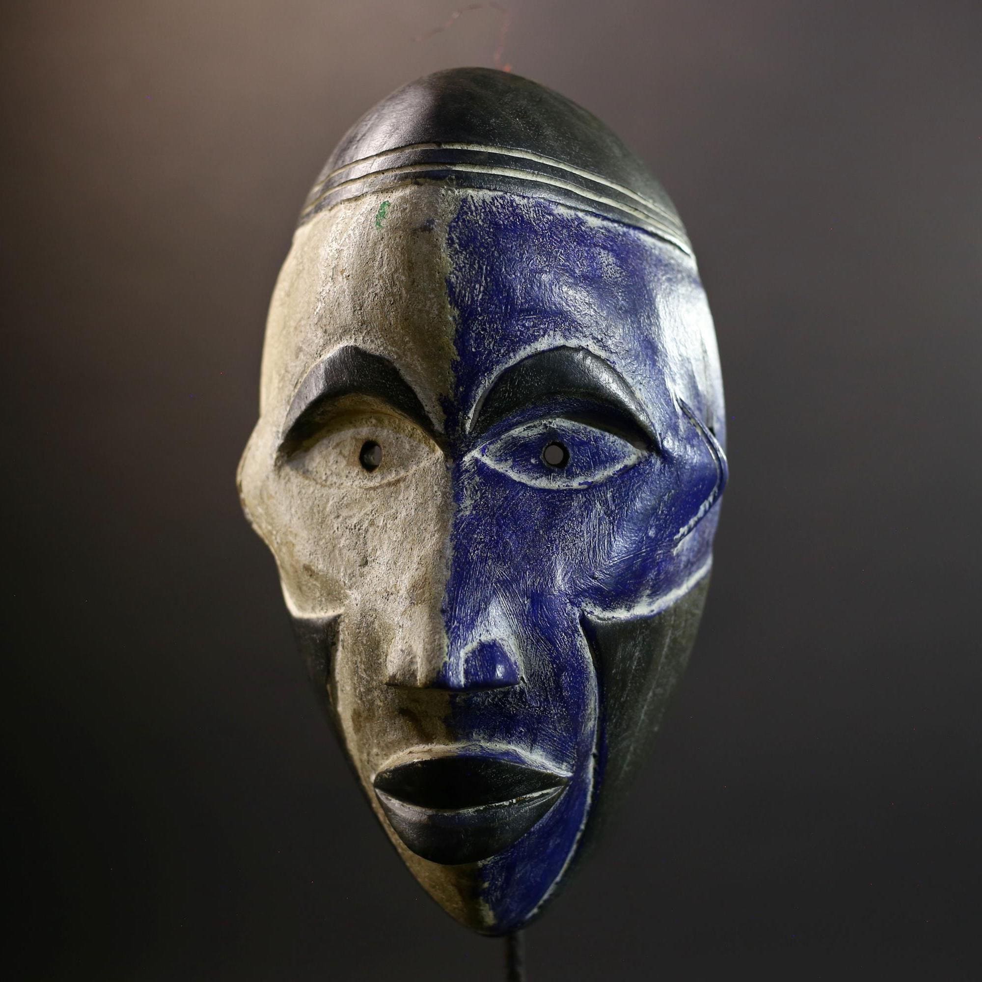 African Mask | Pende Split-Face | Blue White Wall Decor | Hand-Carved Wood Art | DR Congo Tribal Vintage-G5303