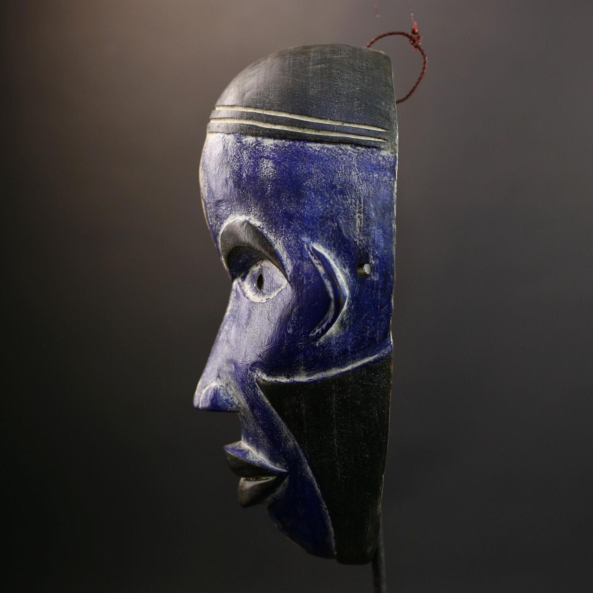 African Mask | Pende Split-Face | Blue White Wall Decor | Hand-Carved Wood Art | DR Congo Tribal Vintage-G5303
