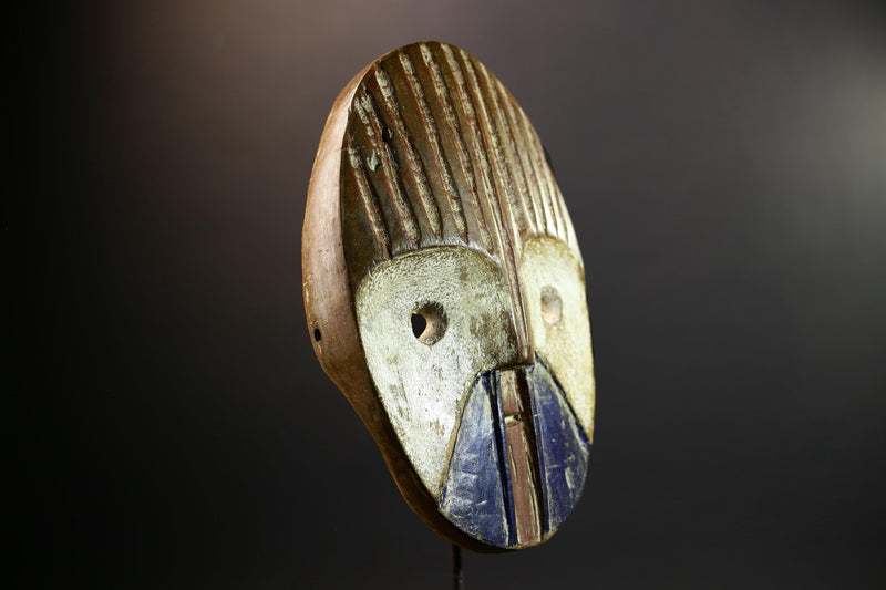 African Mask | Dan Ridged Forehead | Blue Chin Wall Decor | Hand-Carved Wood | Vintage Tribal Art-G5300