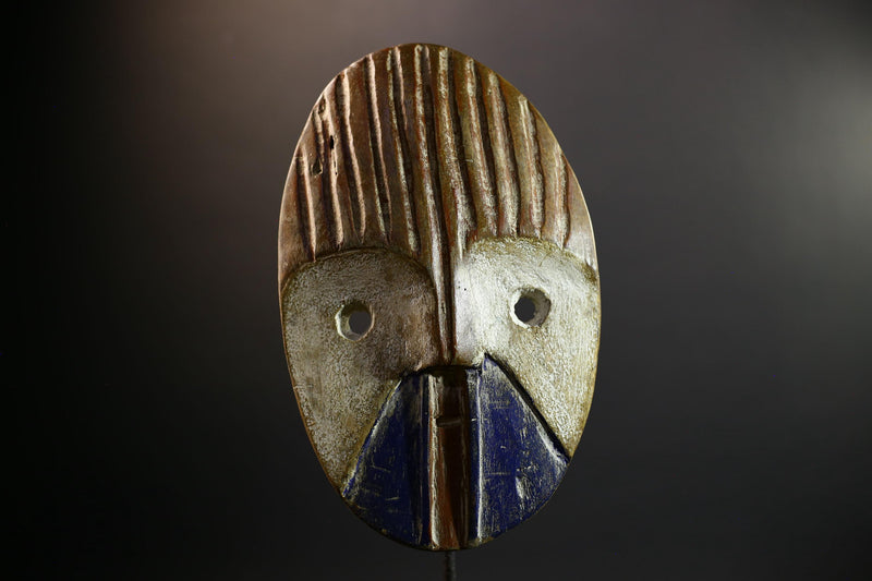 African Mask | Dan Ridged Forehead | Blue Chin Wall Decor | Hand-Carved Wood | Vintage Tribal Art-G5300