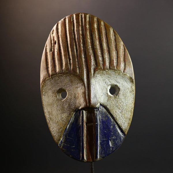 African Mask | Dan Ridged Forehead | Blue Chin Wall Decor | Hand-Carved Wood | Vintage Tribal Art-G5300