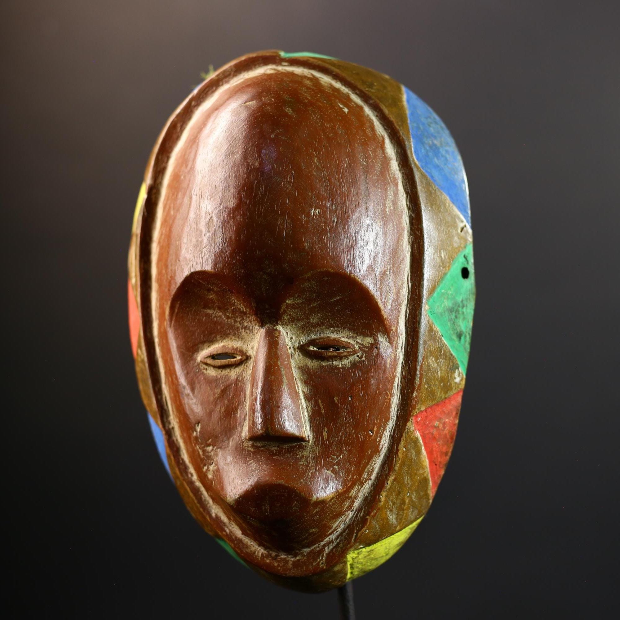 African Mask | Akan Ghana Multicolor | Wood Wall Decor | Hand-Carved Vintage Tribal Art Accent-G5299