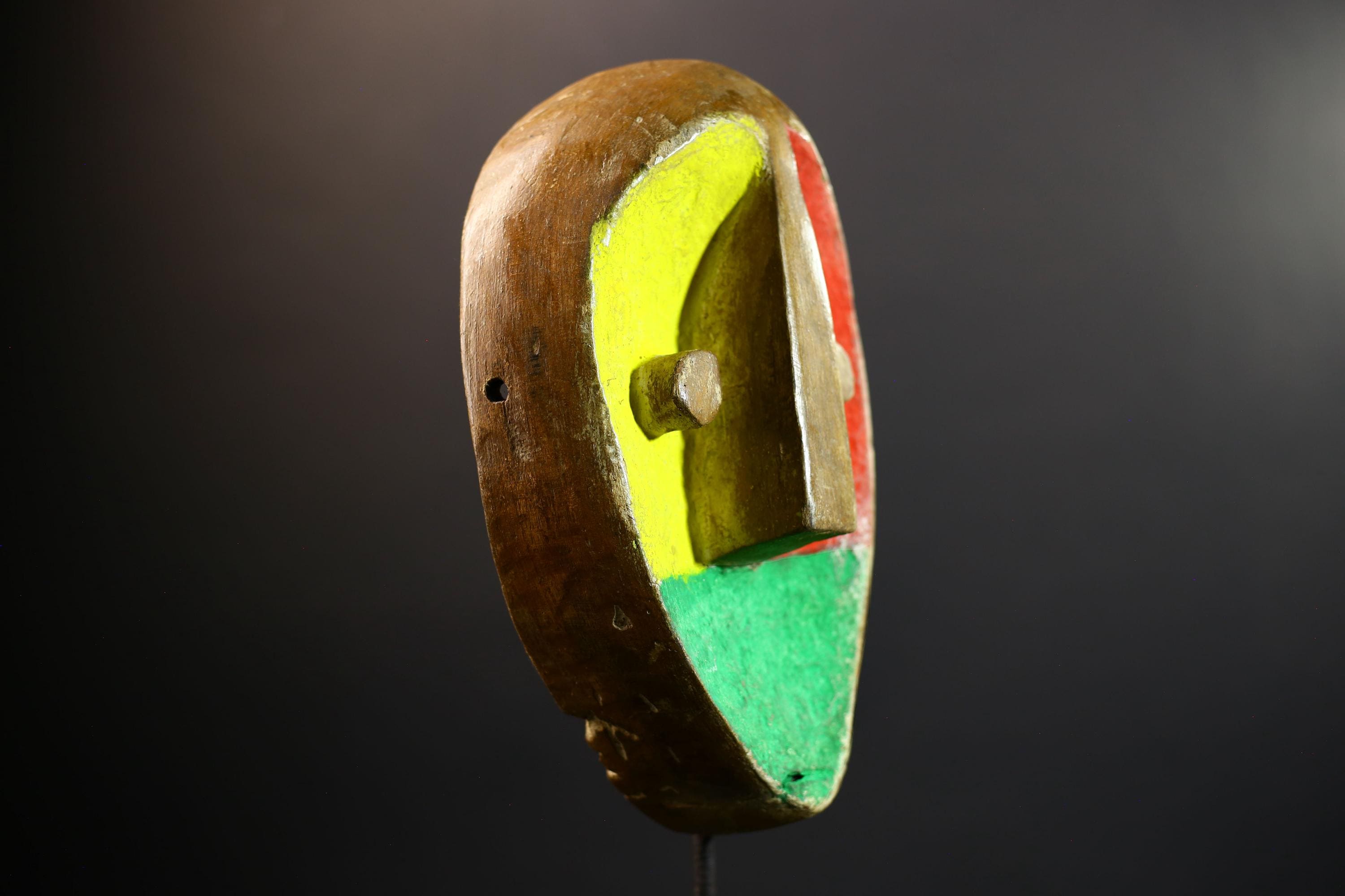 African Mask | Teke Tricolor | Congo Tribal Wall Decor | Hand-Carved Wood | Vintage Modernist Art Accent-G5298
