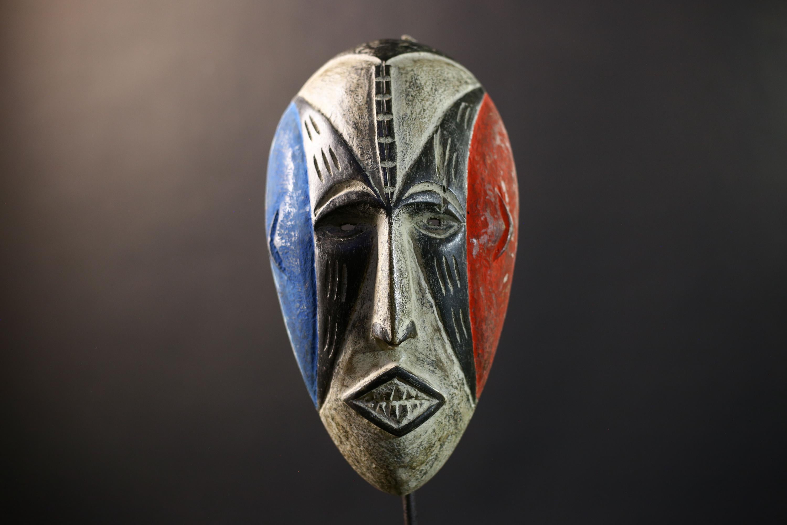 African Mask | Pende Split-Face Blue & Red | DR Congo Tribal Wall Decor | Hand-Carved Wood | Vintage African Art-G5319