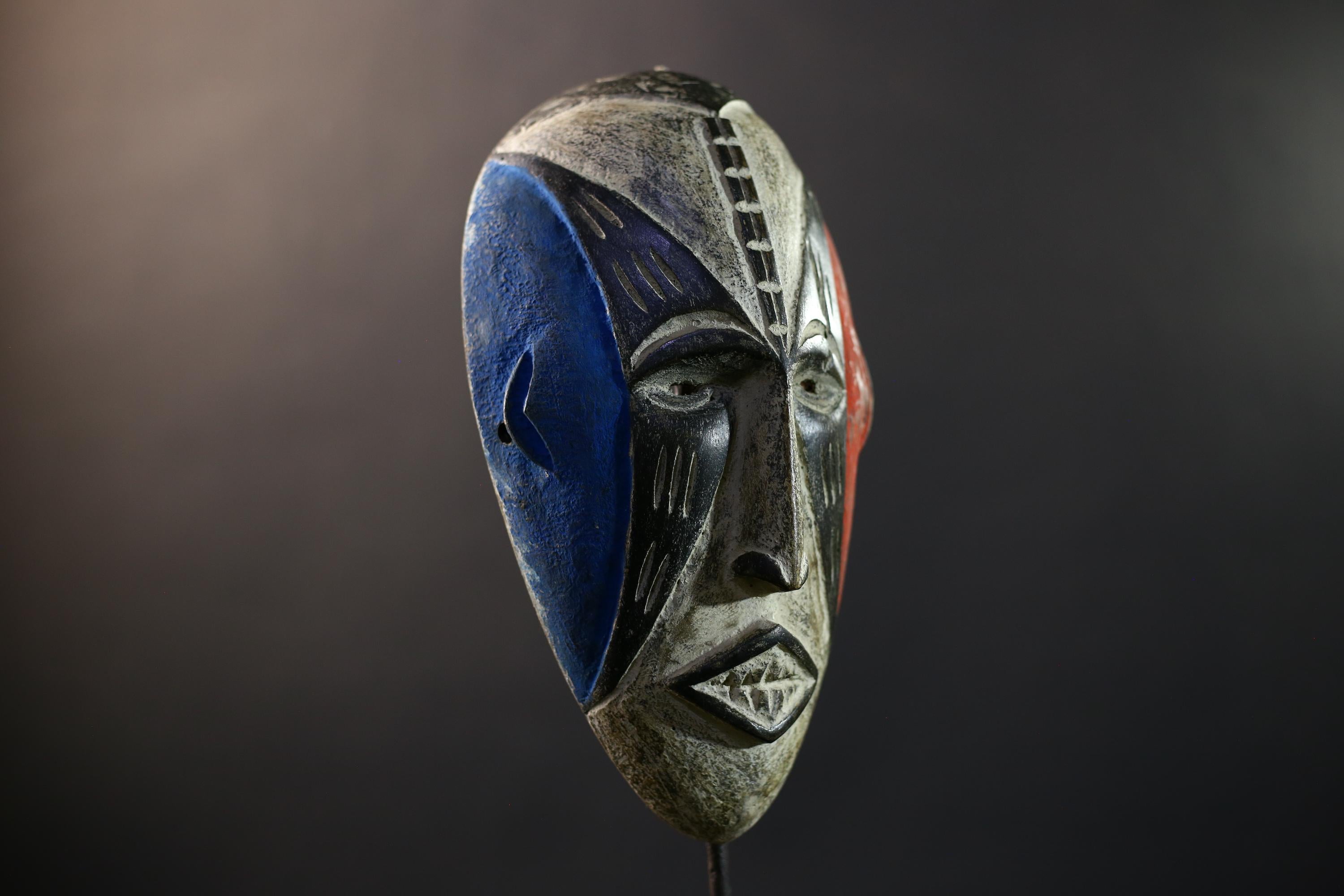 African Mask | Pende Split-Face Blue & Red | DR Congo Tribal Wall Decor | Hand-Carved Wood | Vintage African Art-G5319