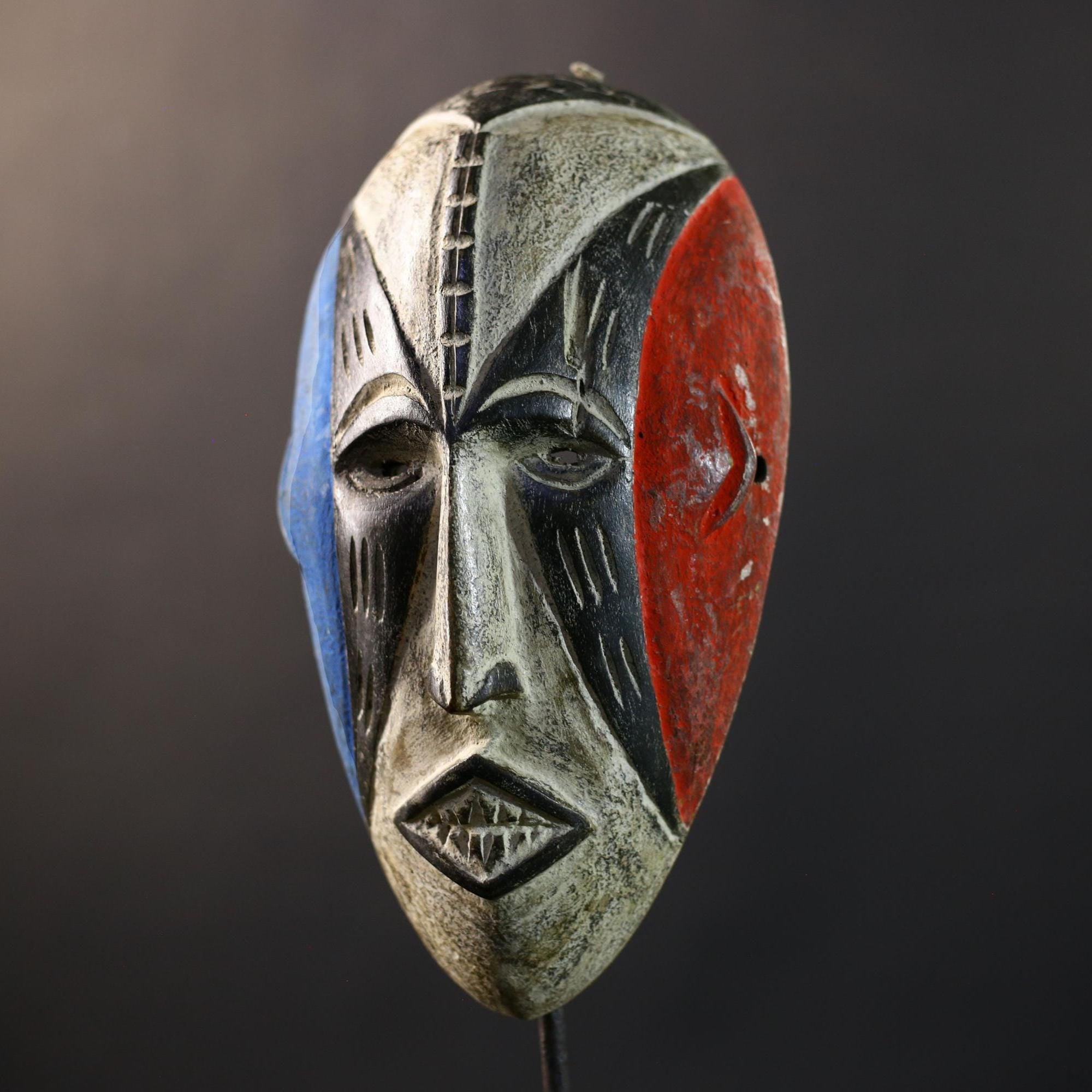 African Mask | Pende Split-Face Blue & Red | DR Congo Tribal Wall Decor | Hand-Carved Wood | Vintage African Art-G5319