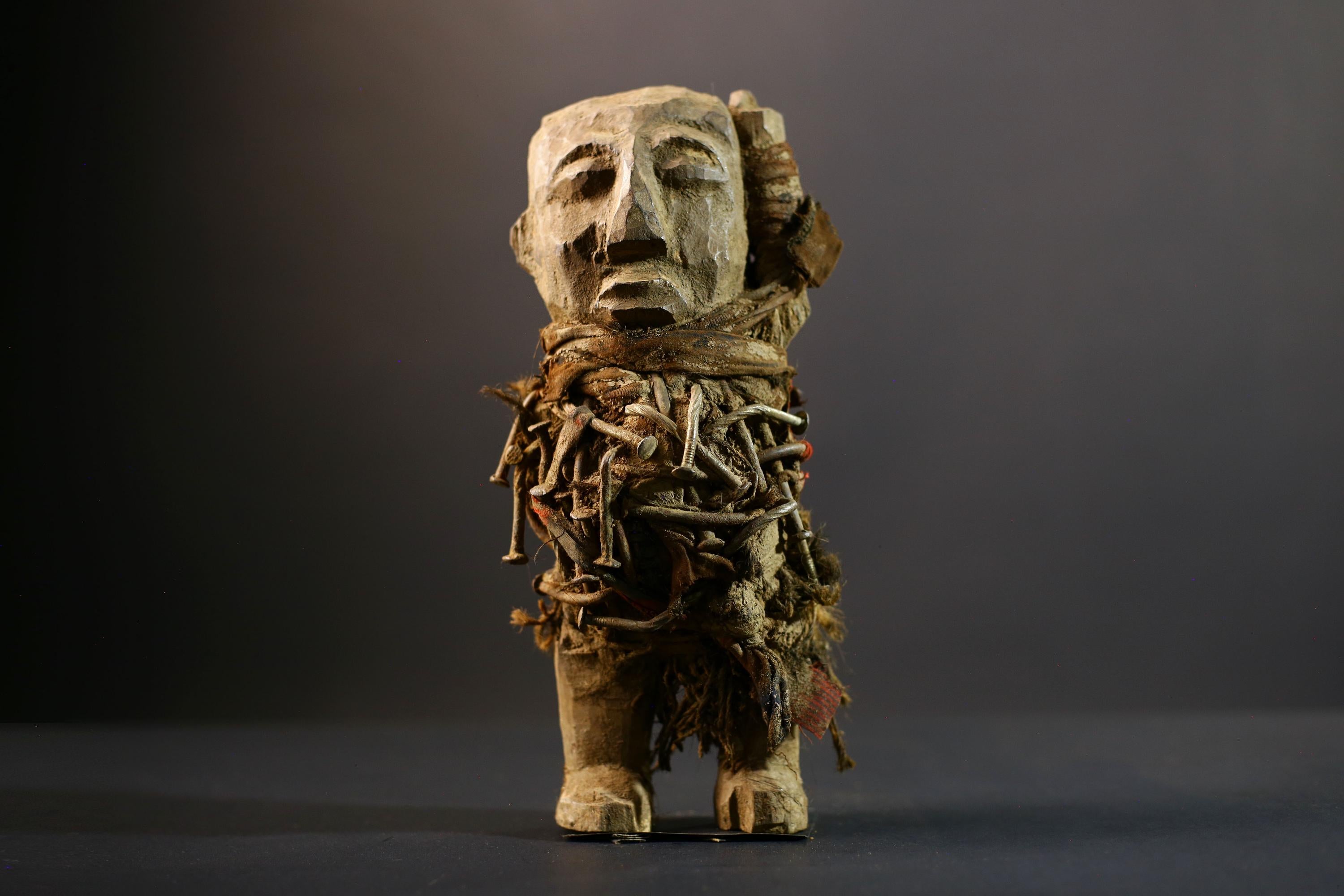 African Power Figure | Songye Nkisi Fetish | DR Congo Tribal Art | Hand-Carved Wood Sculpture | Vintage African Decor-G5318