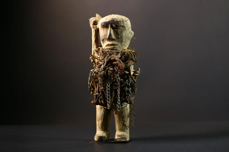 African Power Figure | Songye Nkisi Chains | DR Congo Tribal Sculpture | Hand‑Carved Wood Fetish | Vintage African Decor-G5317