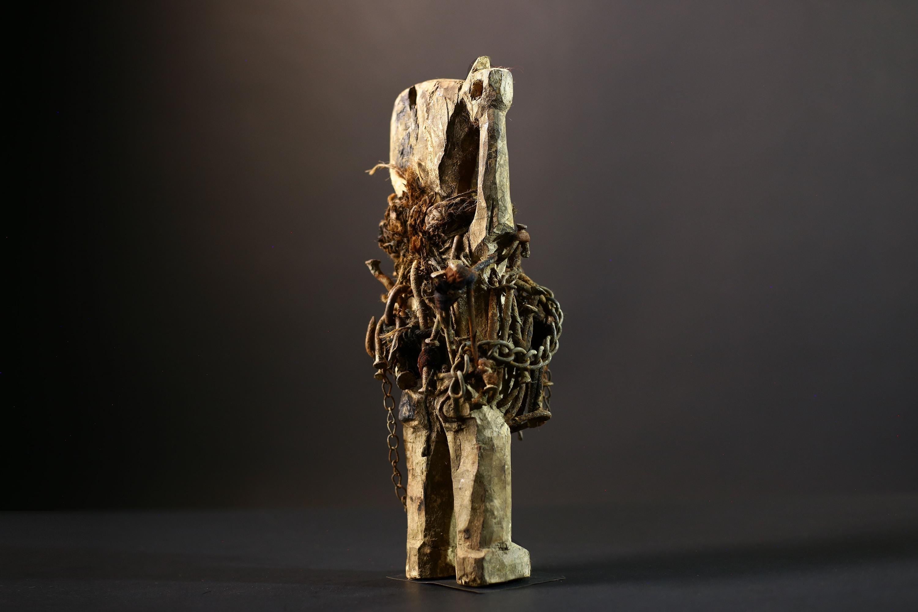 African Power Figure | Songye Nkisi Chains | DR Congo Tribal Sculpture | Hand‑Carved Wood Fetish | Vintage African Decor-G5317