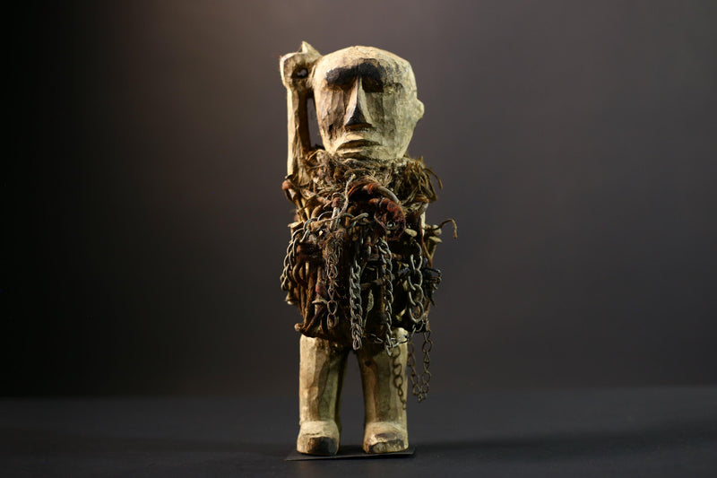 African Power Figure | Songye Nkisi Chains | DR Congo Tribal Sculpture | Hand‑Carved Wood Fetish | Vintage African Decor-G5317