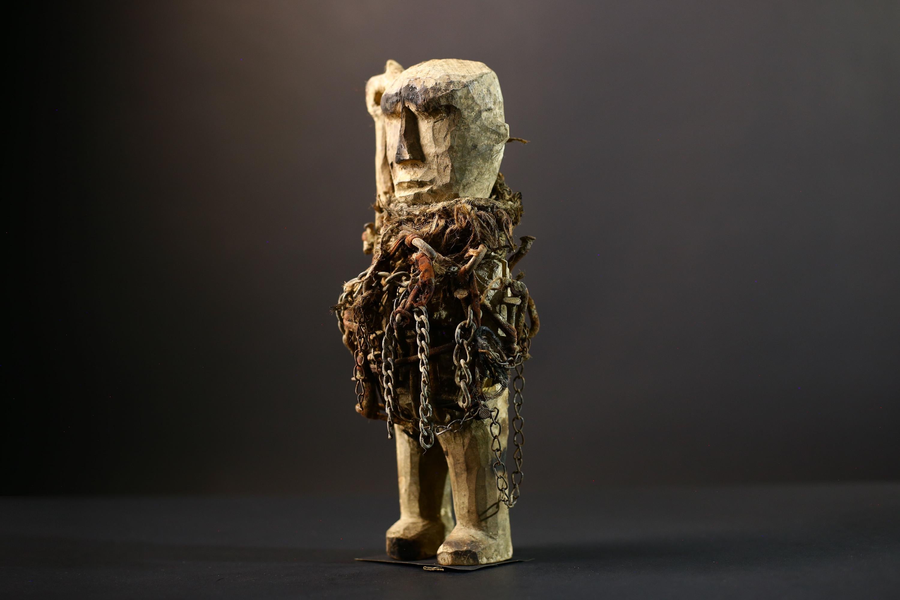 African Power Figure | Songye Nkisi Chains | DR Congo Tribal Sculpture | Hand‑Carved Wood Fetish | Vintage African Decor-G5317