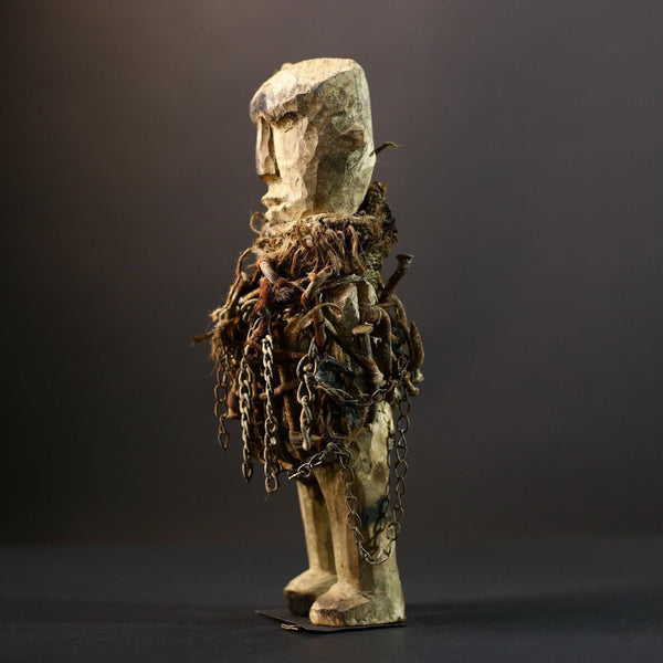 African Power Figure | Songye Nkisi Chains | DR Congo Tribal Sculpture | Hand‑Carved Wood Fetish | Vintage African Decor-G5317