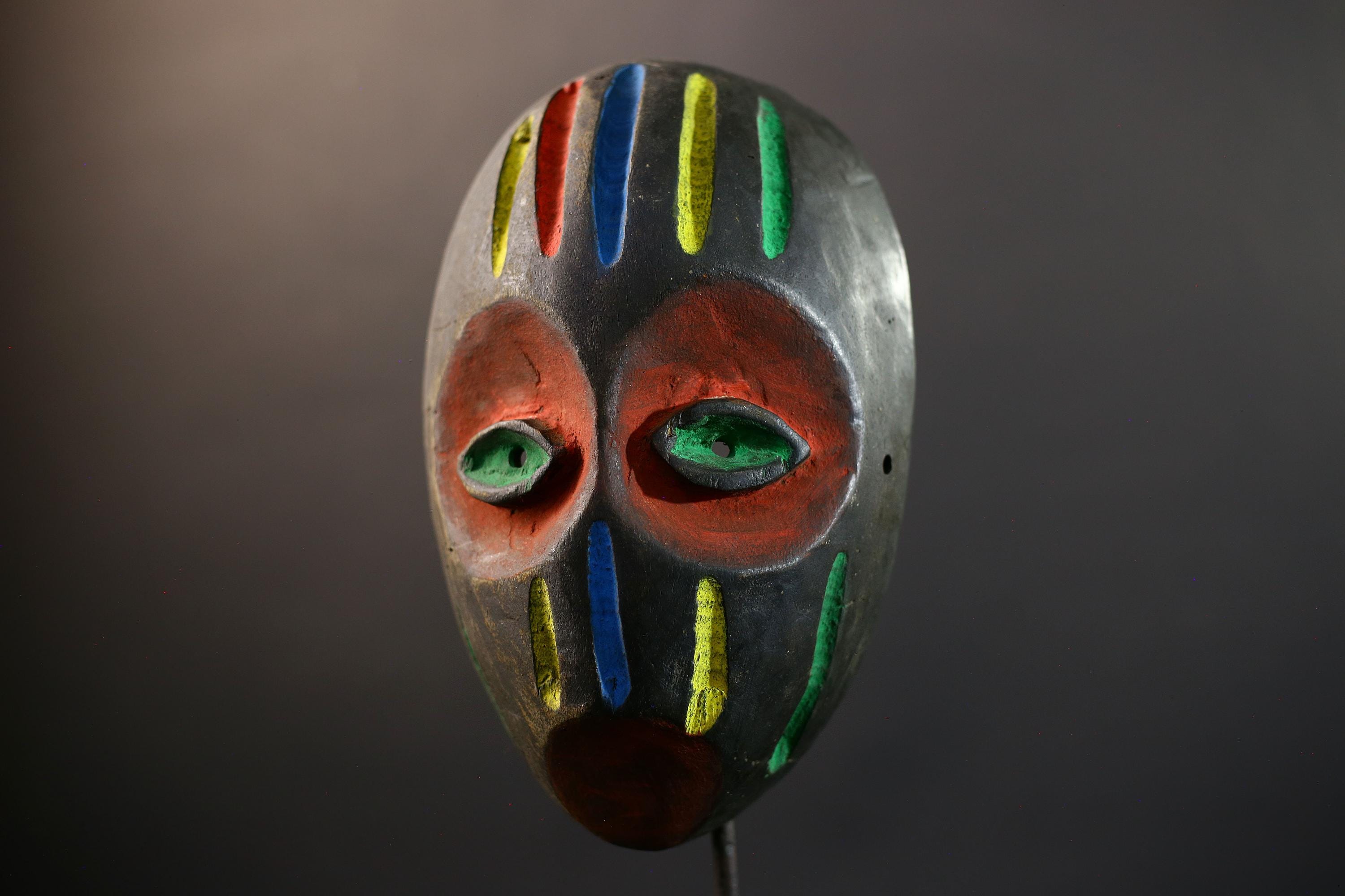 African Festival Mask, Akan Hand-Carved Wood Wall Decor, Ghana Tribal Art, Vibrant Multicolor Stripes, Vintage African Sculpture-G5315
