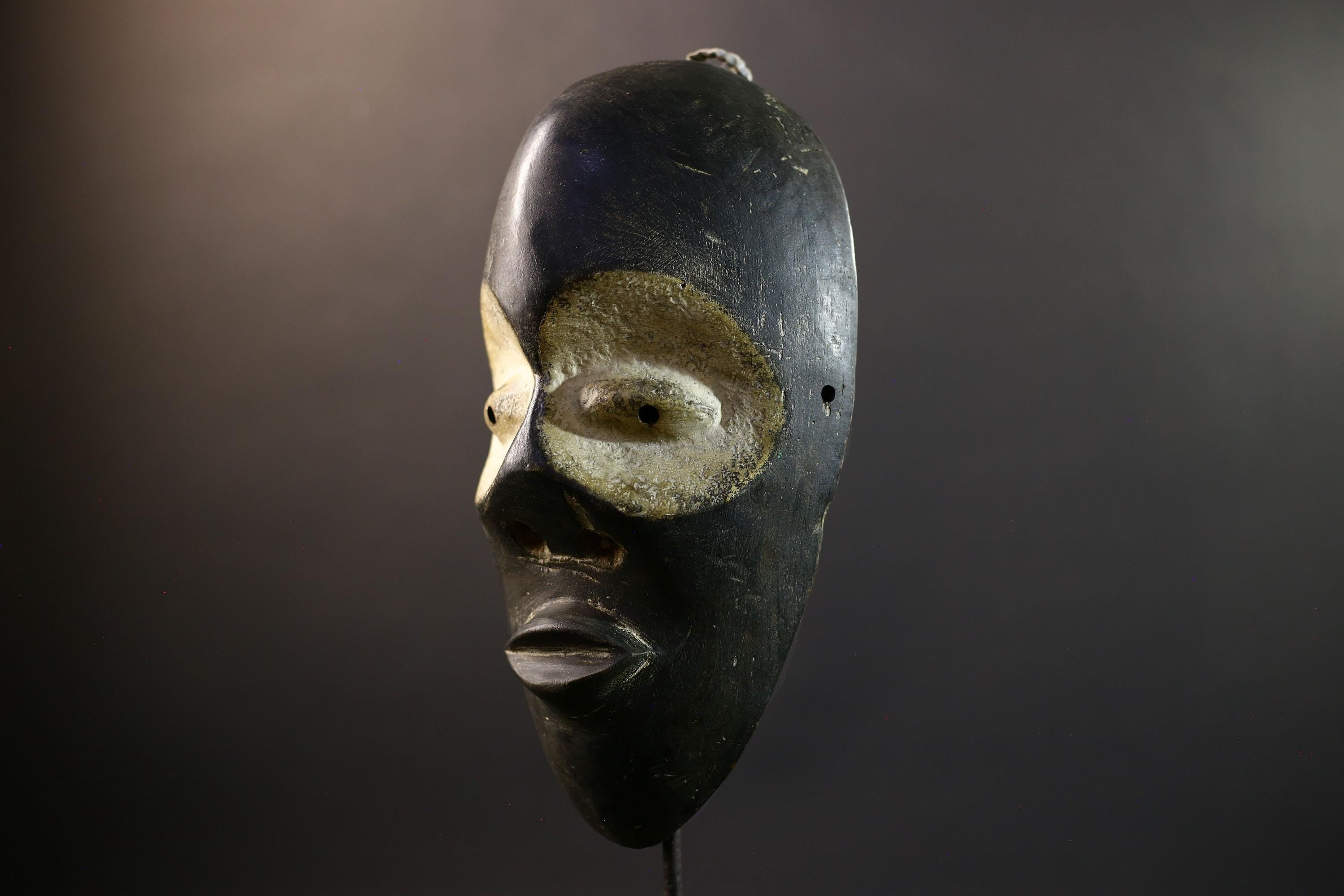 Africa Spirit Mask, Ogoni Hand-Carved Wood Wall Decor, Nigeria Tribal Art, Black Mask with White Kaolin Eyes, Vintage Africa Sculpture-G5314