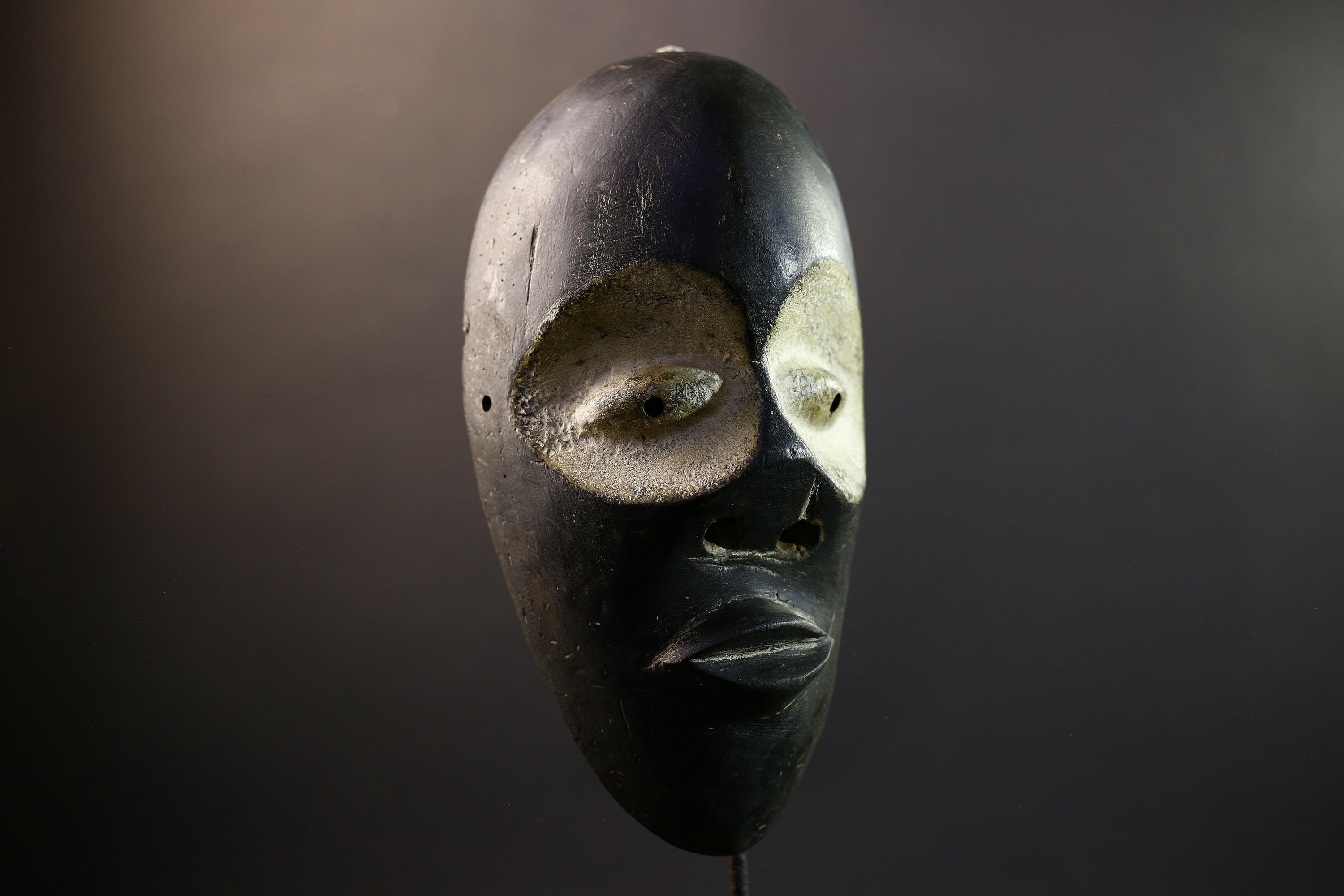 Africa Spirit Mask, Ogoni Hand-Carved Wood Wall Decor, Nigeria Tribal Art, Black Mask with White Kaolin Eyes, Vintage Africa Sculpture-G5314