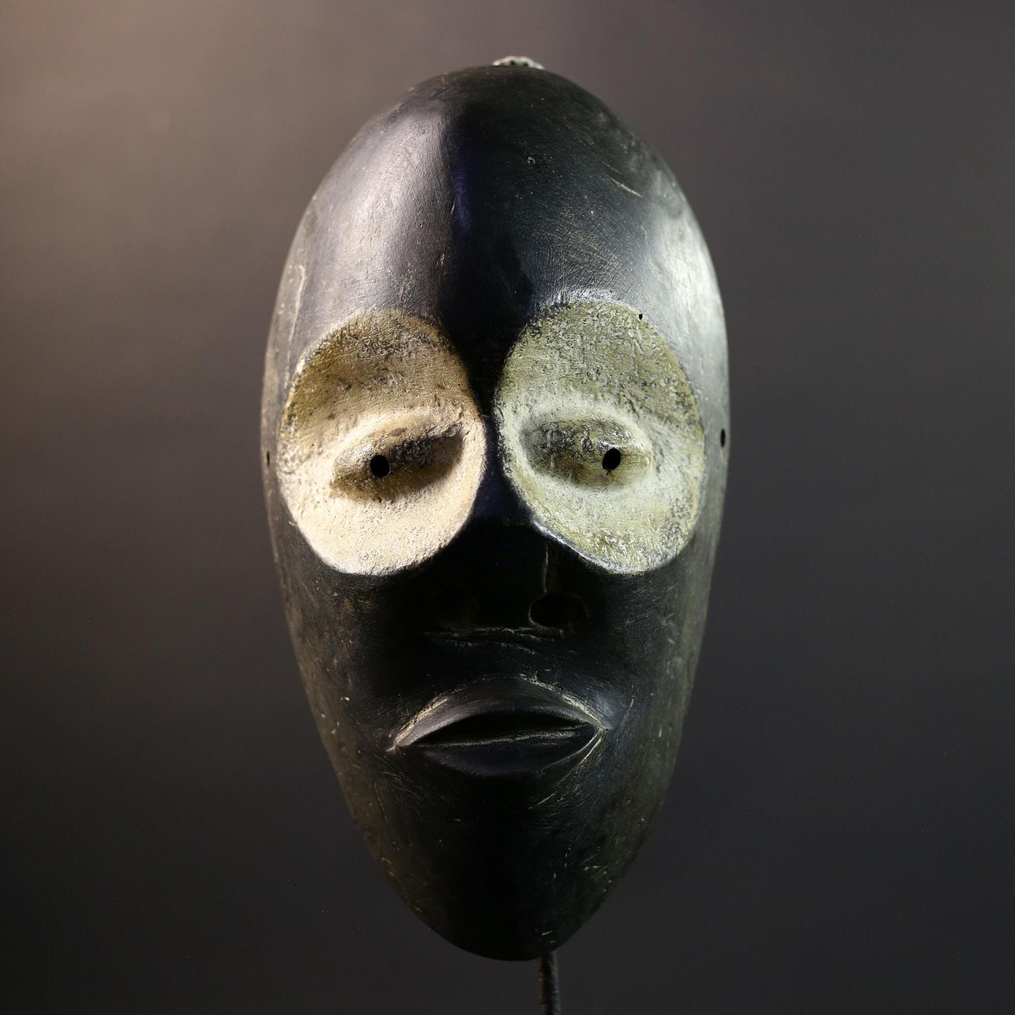 Africa Spirit Mask, Ogoni Hand-Carved Wood Wall Decor, Nigeria Tribal Art, Black Mask with White Kaolin Eyes, Vintage Africa Sculpture-G5314