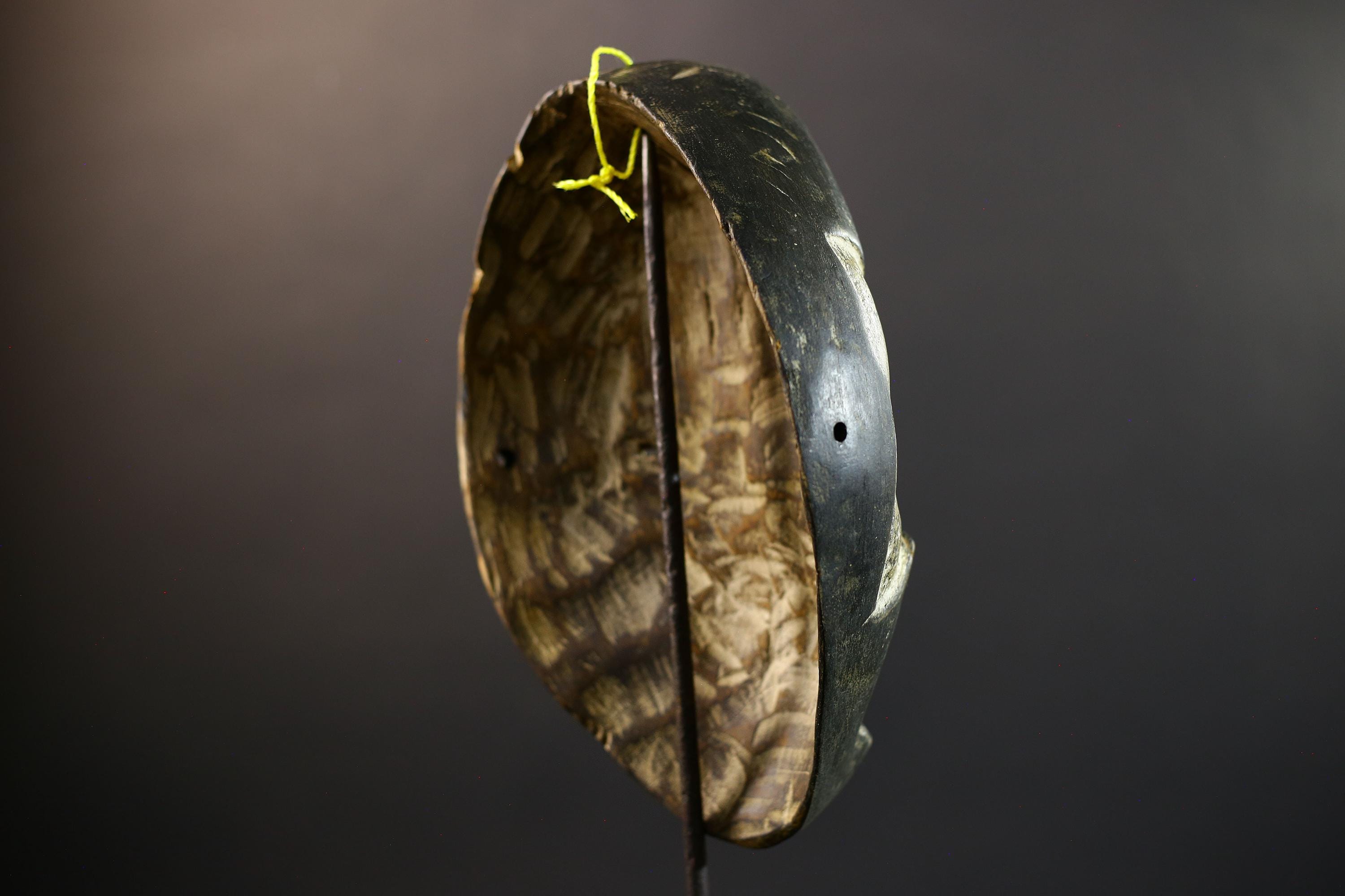 African War Mask Dan Tribe, Black & White Split Wood Wall Decor, Liberia Côte d’Ivoire Tribal Art, Vintage Carved Sculpture-G5313