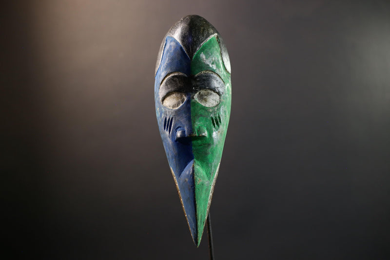 African Bird Spirit Mask Dan Tribe, Blue & Green Wood Wall Decor, Long Beak Sculpt, Vintage Liberia Côte d’Ivoire Art-G5312