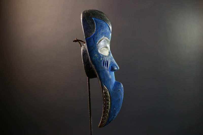 African Bird Spirit Mask Dan Tribe, Blue & Green Wood Wall Decor, Long Beak Sculpt, Vintage Liberia Côte d’Ivoire Art-G5312
