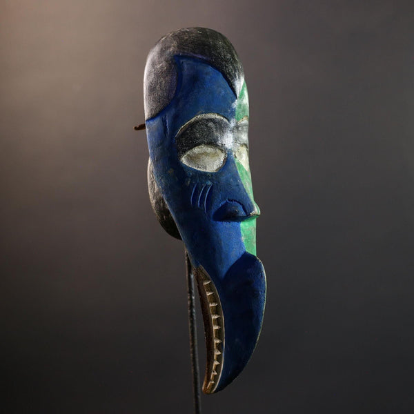 African Bird Spirit Mask Dan Tribe, Blue & Green Wood Wall Decor, Long Beak Sculpt, Vintage Liberia Côte d’Ivoire Art-G5312