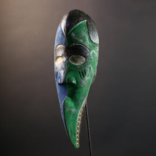 African Bird Spirit Mask Dan Tribe, Blue & Green Wood Wall Decor, Long Beak Sculpt, Vintage Liberia Côte d’Ivoire Art-G5312