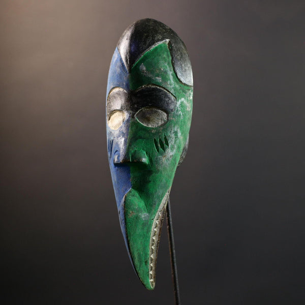 African Bird Spirit Mask Dan Tribe, Blue & Green Wood Wall Decor, Long Beak Sculpt, Vintage Liberia Côte d’Ivoire Art-G5312
