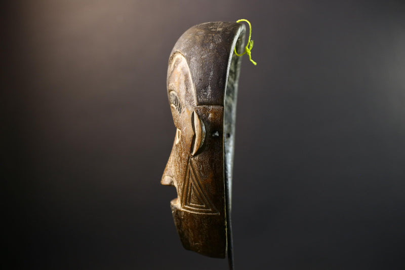 African Cihongo Mask Chokwe Tribe, Brown Wood Wall Decor, Grid Scarification Art, Vintage Angola DR Congo Sculpture-G5311