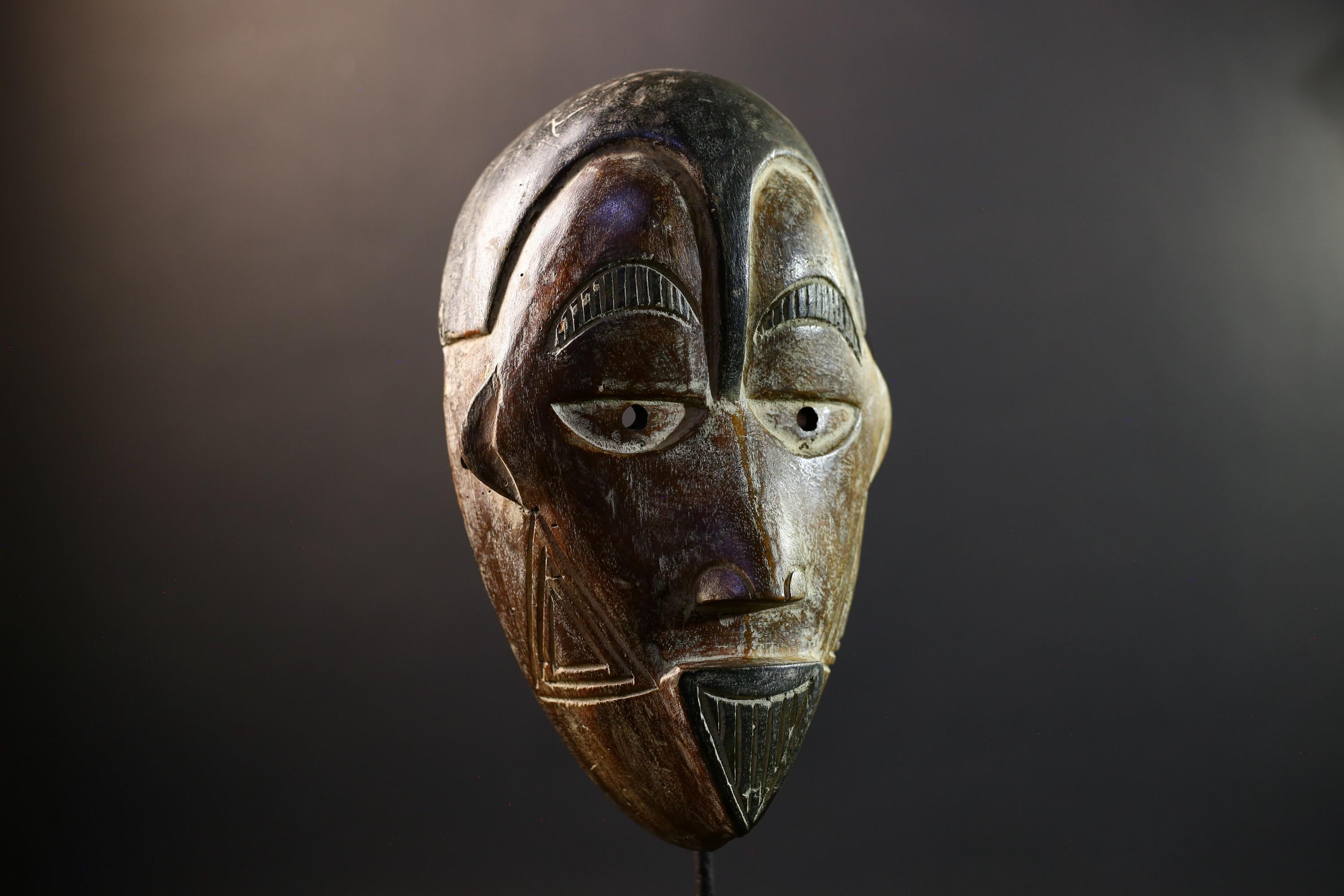 African Cihongo Mask Chokwe Tribe, Brown Wood Wall Decor, Grid Scarification Art, Vintage Angola DR Congo Sculpture-G5311