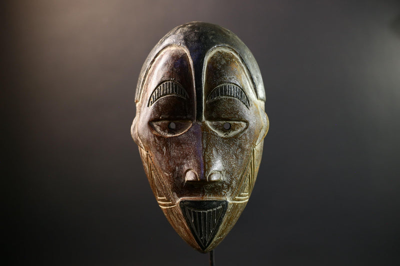 African Cihongo Mask Chokwe Tribe, Brown Wood Wall Decor, Grid Scarification Art, Vintage Angola DR Congo Sculpture-G5311