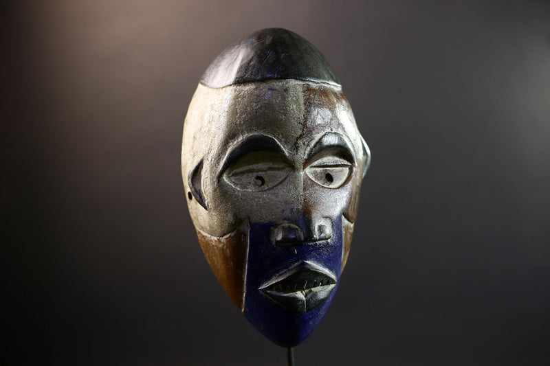 African Pende Mask, Split-Color Blue Chin Wood Wall Decor, DR Congo Tribal Art, Vintage Kaolin Patina Sculpture-G5310