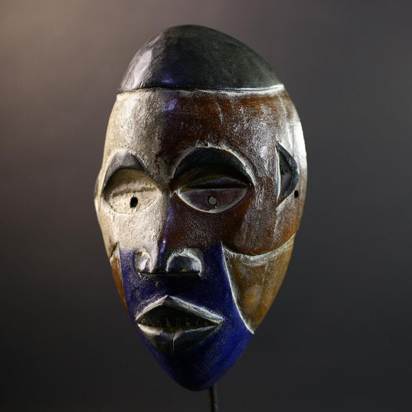 African Pende Mask, Split-Color Blue Chin Wood Wall Decor, DR Congo Tribal Art, Vintage Kaolin Patina Sculpture-G5310