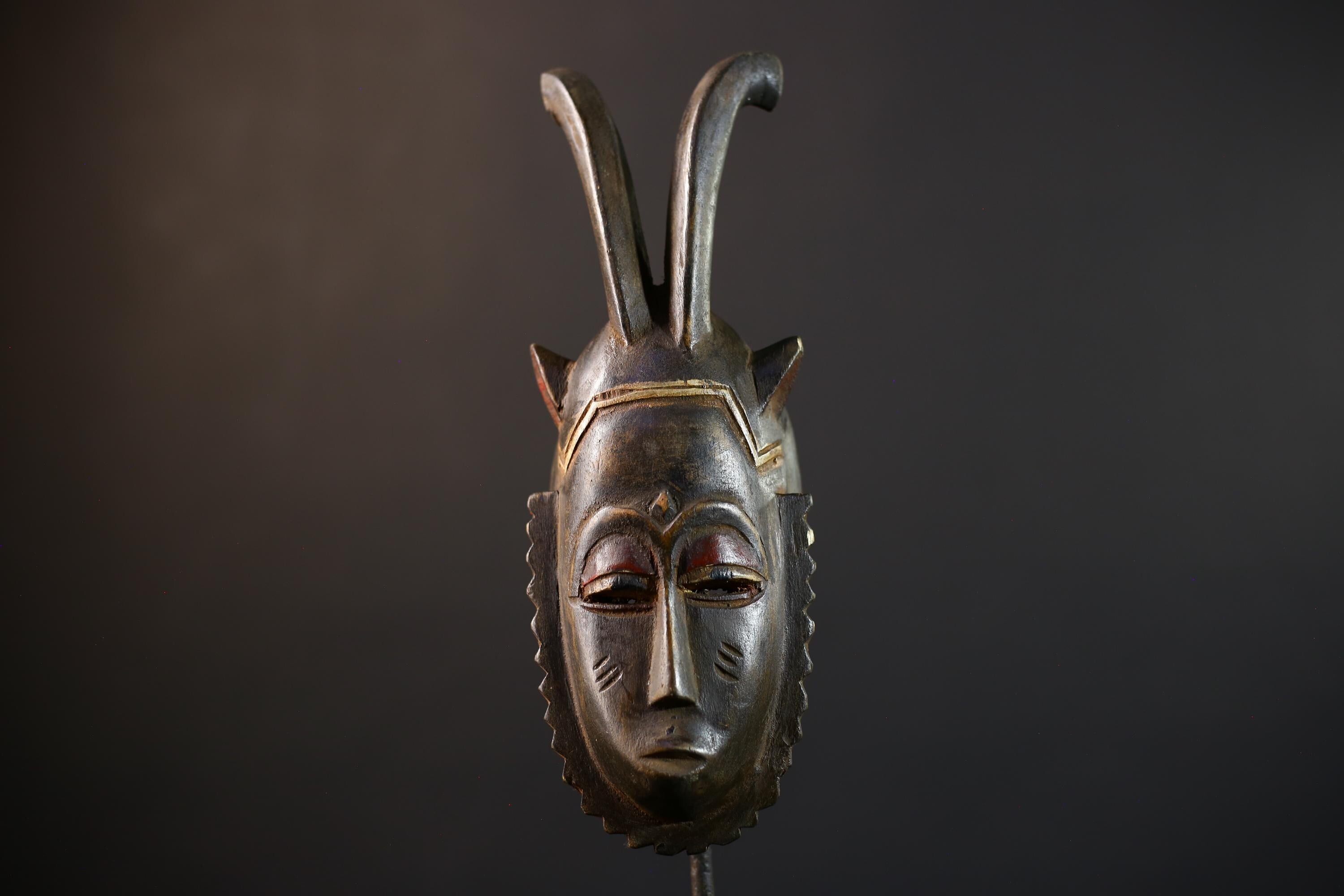 African Hand-Carved Mask | Guro Baule Wall Hanging | Unique Art Decor | Decorative Mask with Horns | Ethnic Home Decor-G5192