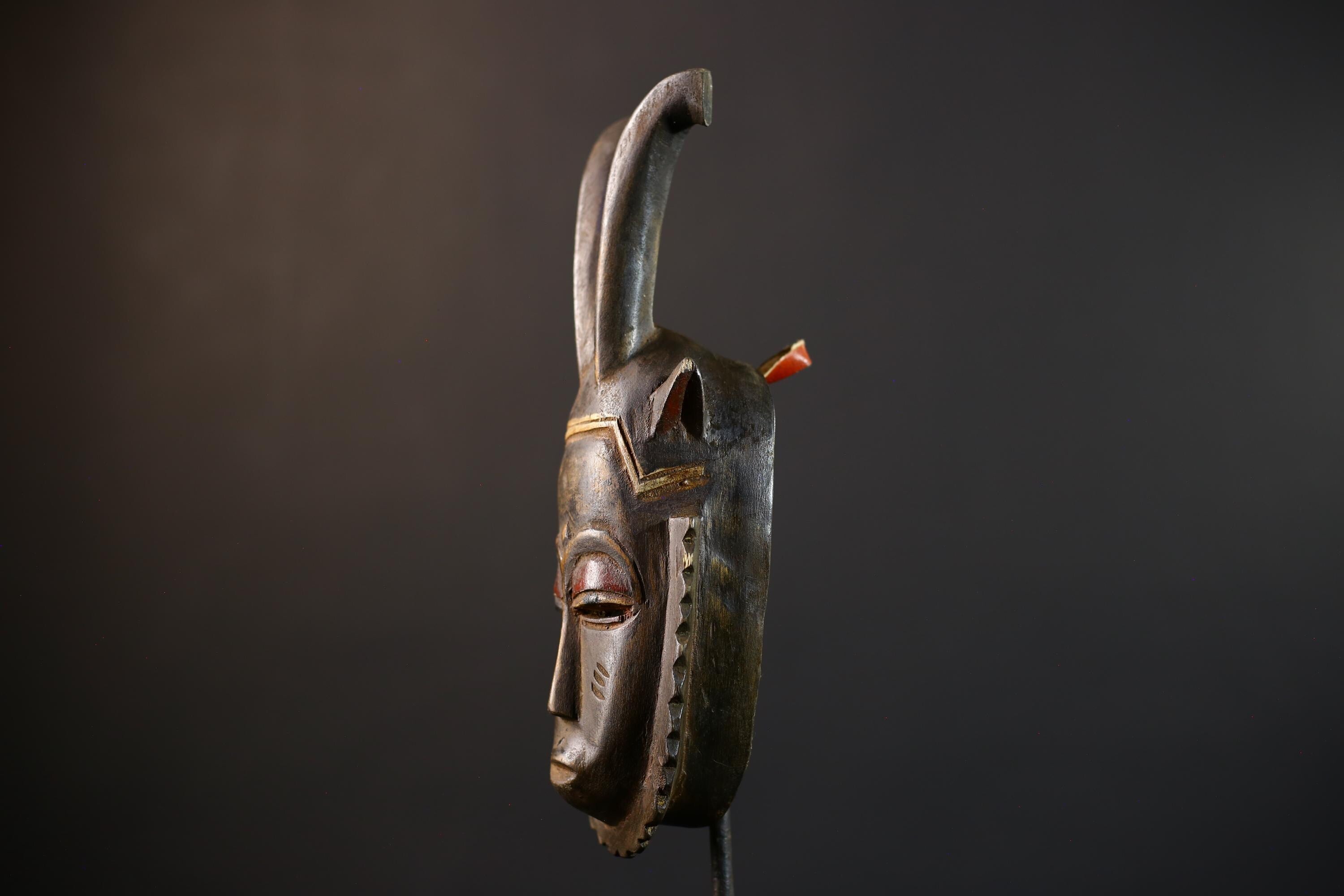 African Hand-Carved Mask | Guro Baule Wall Hanging | Unique Art Decor | Decorative Mask with Horns | Ethnic Home Decor-G5192
