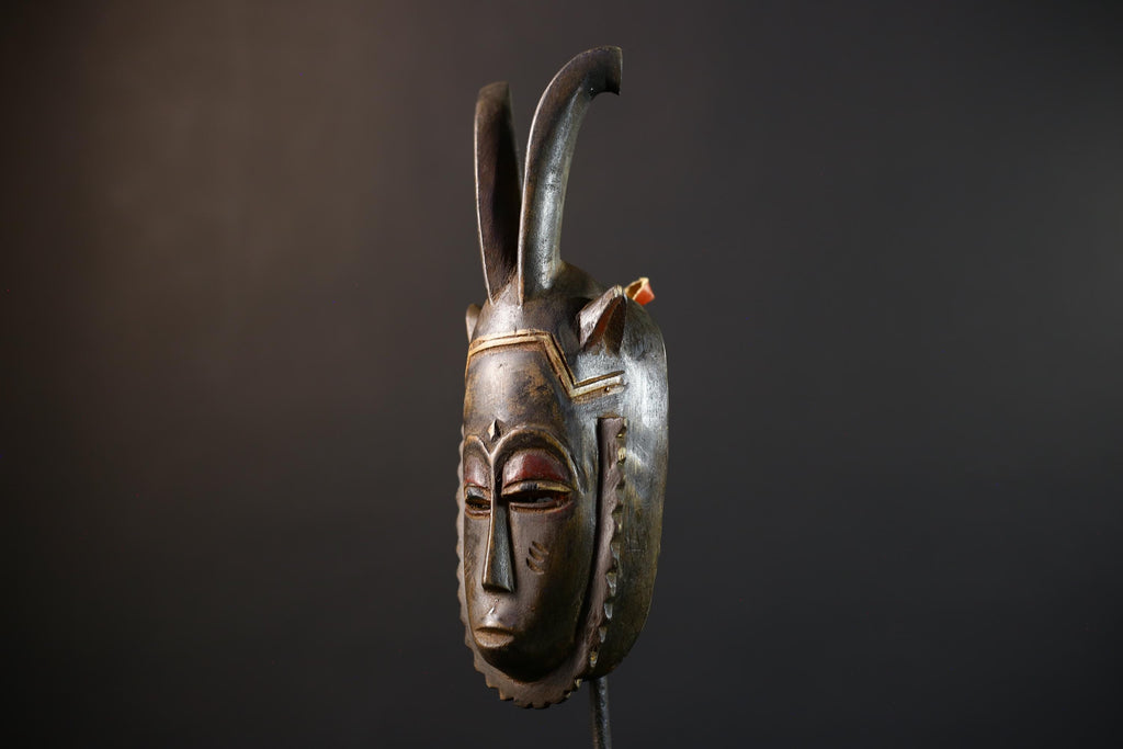 African Hand-Carved Mask | Guro Baule Wall Hanging | Unique Art Decor | Decorative Mask with Horns | Ethnic Home Decor-G5192