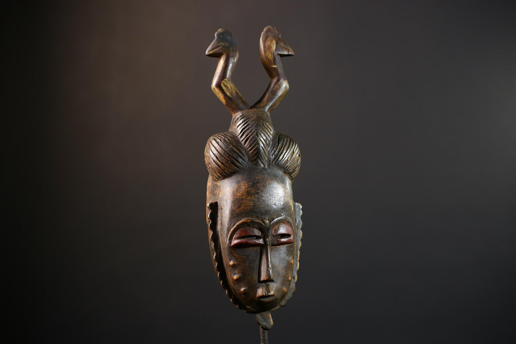 African Hand-Carved Mask | Guro Baule Wall Hanging | Art Decor with Two Birds | Unique Ethnic Home Decor | Artisan Decorative Mask-G5191