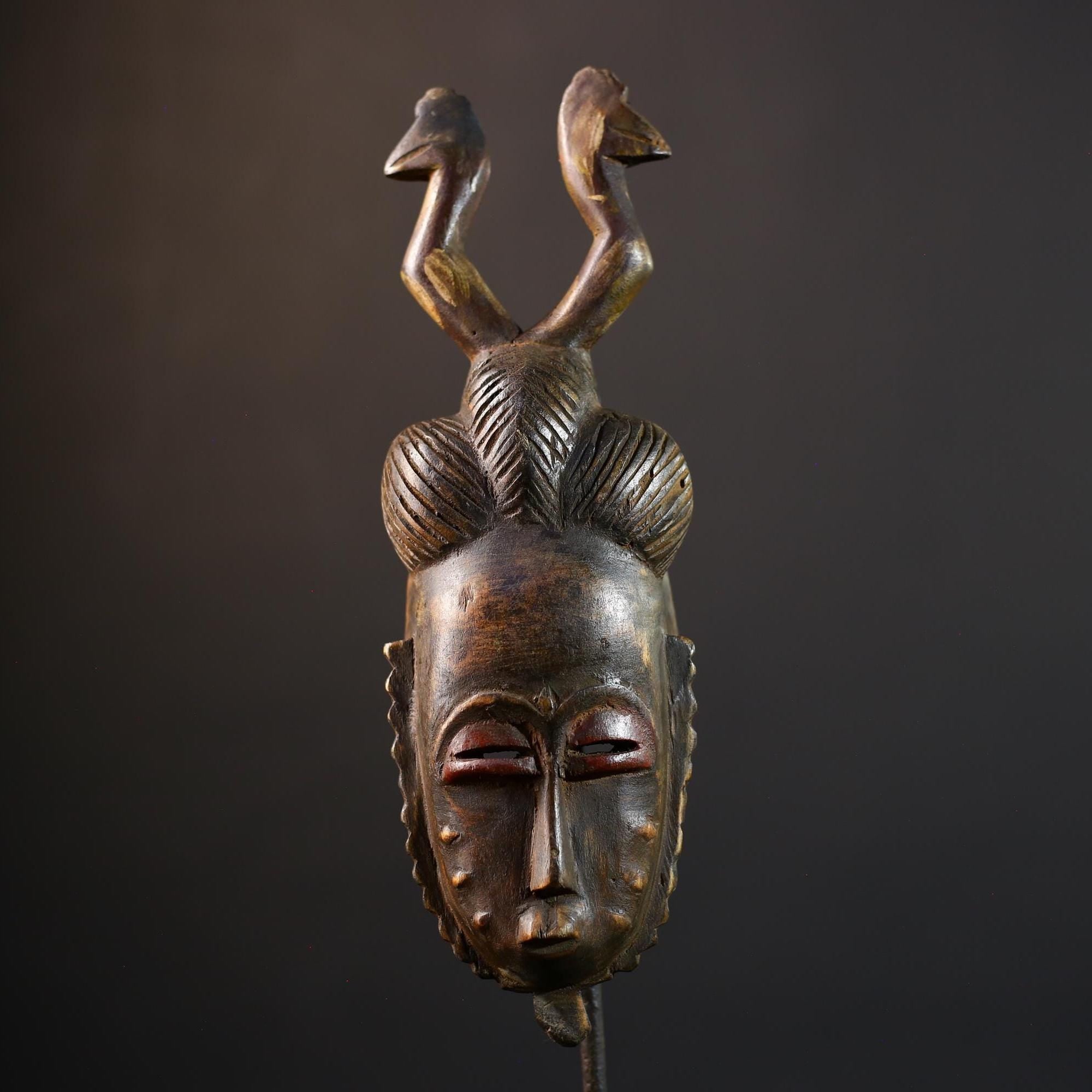 African Hand-Carved Mask | Guro Baule Wall Hanging | Art Decor with Two Birds | Unique Ethnic Home Decor | Artisan Decorative Mask-G5191