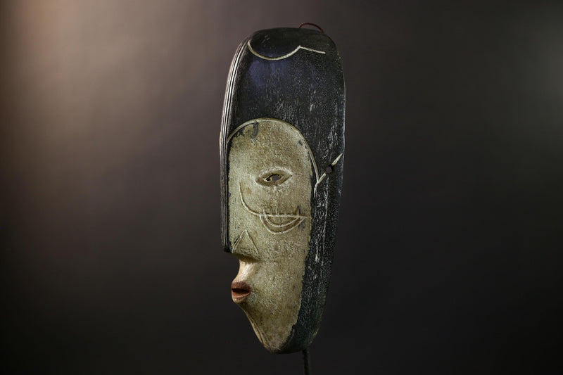 African Fang Ngil Mask, Black & Kaolin Split Face Wall Décor, Gabon Tribal Ritual Art, Hand‑Carved Wood Sculpture, Vintage Accent-G5325
