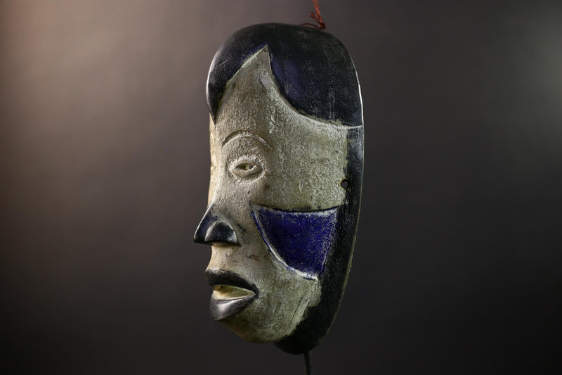 African Pende Mask, Kaolin & Midnight-Blue Ritual Wall Décor, DR Congo Tribal African Art Sculpture, Vintage Boho Home Accent-G5324