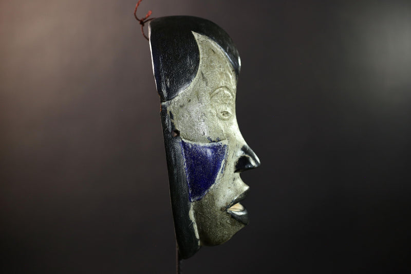 African Pende Mask, Kaolin & Midnight-Blue Ritual Wall Décor, DR Congo Tribal African Art Sculpture, Vintage Boho Home Accent-G5324