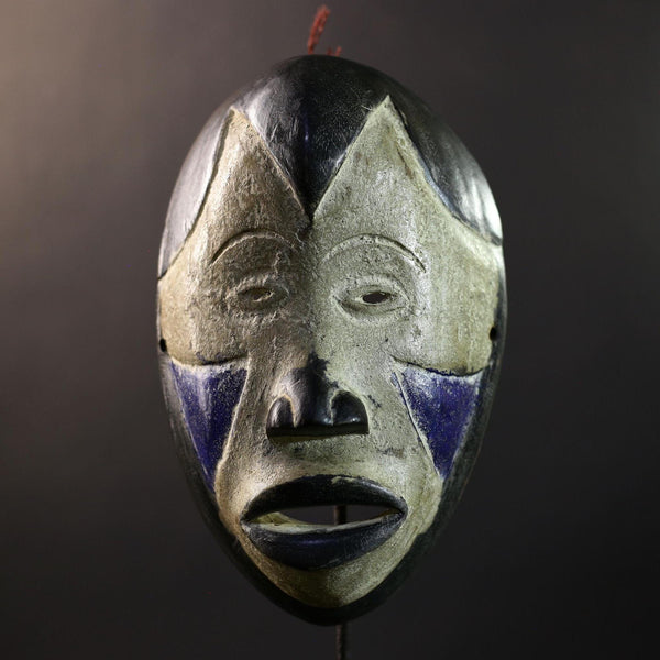 African Pende Mask, Kaolin & Midnight-Blue Ritual Wall Décor, DR Congo Tribal African Art Sculpture, Vintage Boho Home Accent-G5324
