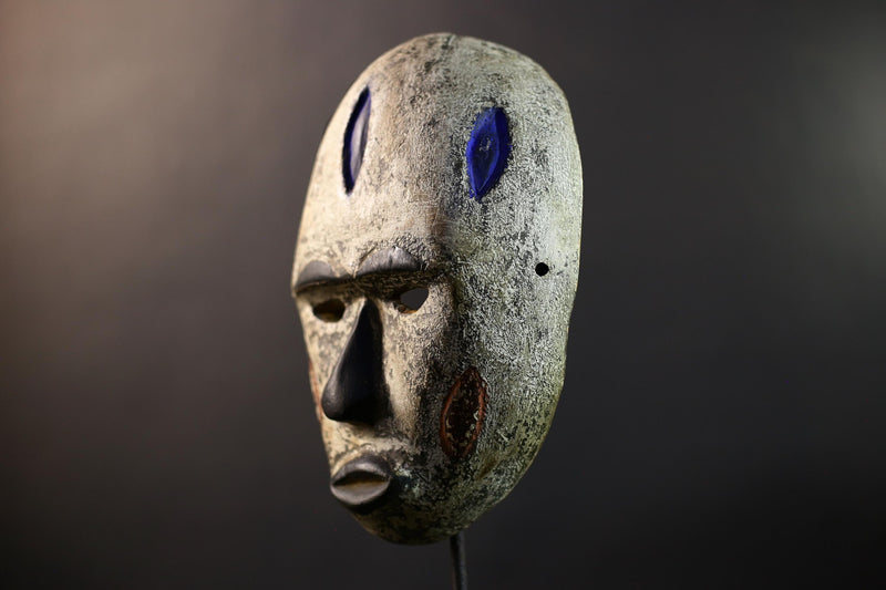 African Pende Mask, Kaolin & Blue Diamond Congo Wall Décor, Tribal African Art Sculpture, Vintage Hand-Carved Boho Accent-G5323