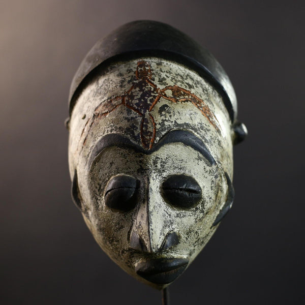 African Punu Okuyi Mask, Kaolin White & Black Helmet Wall Décor, Gabon Tribal African Art Sculpture, Vintage Hand-Carved Boho Accent-G5322