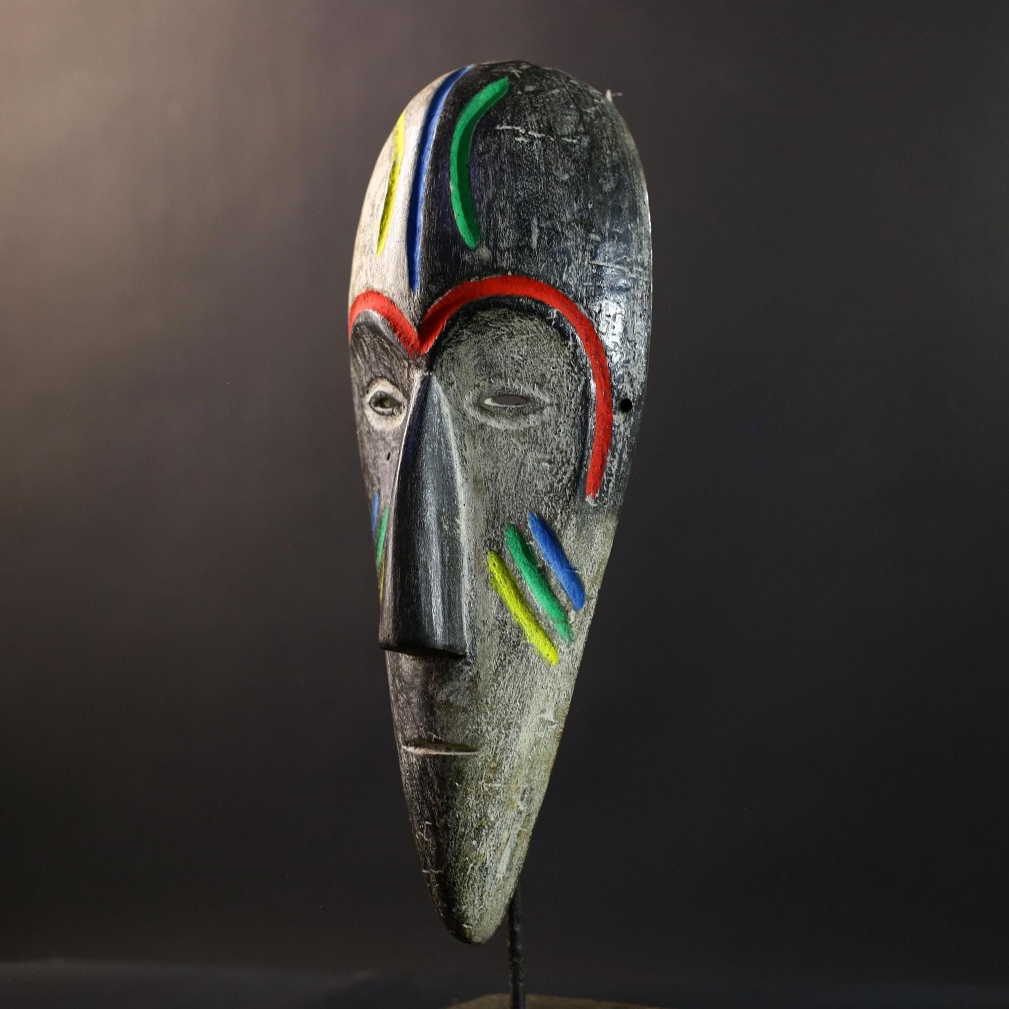 African Fang Ngil Mask, Multicolor Scarification Wall Décor, Gabon Tribal African Art Sculpture, Vintage Hand-Carved Wooden Accent-G5321