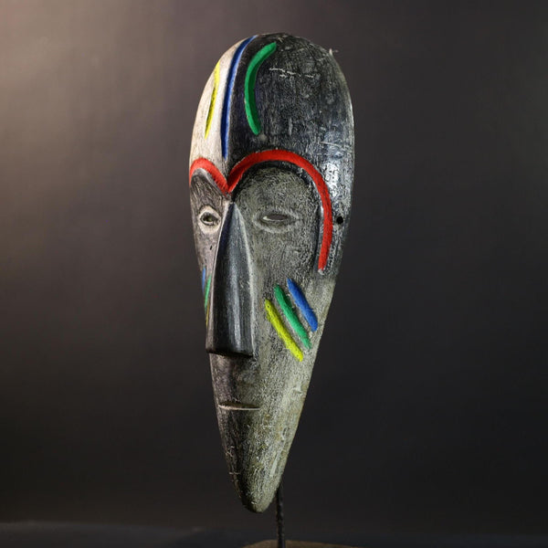 African Fang Ngil Mask, Multicolor Scarification Wall Décor, Gabon Tribal African Art Sculpture, Vintage Hand-Carved Wooden Accent-G5321