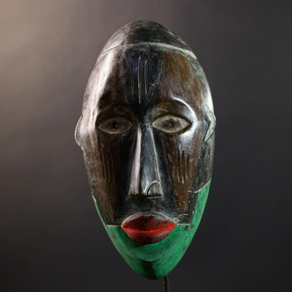 African Dan Kran Mask, Green & Brown Split Face Wall Décor, Liberia Tribal African Art Sculpture, Vintage Hand-Carved Wooden Accent-G5320