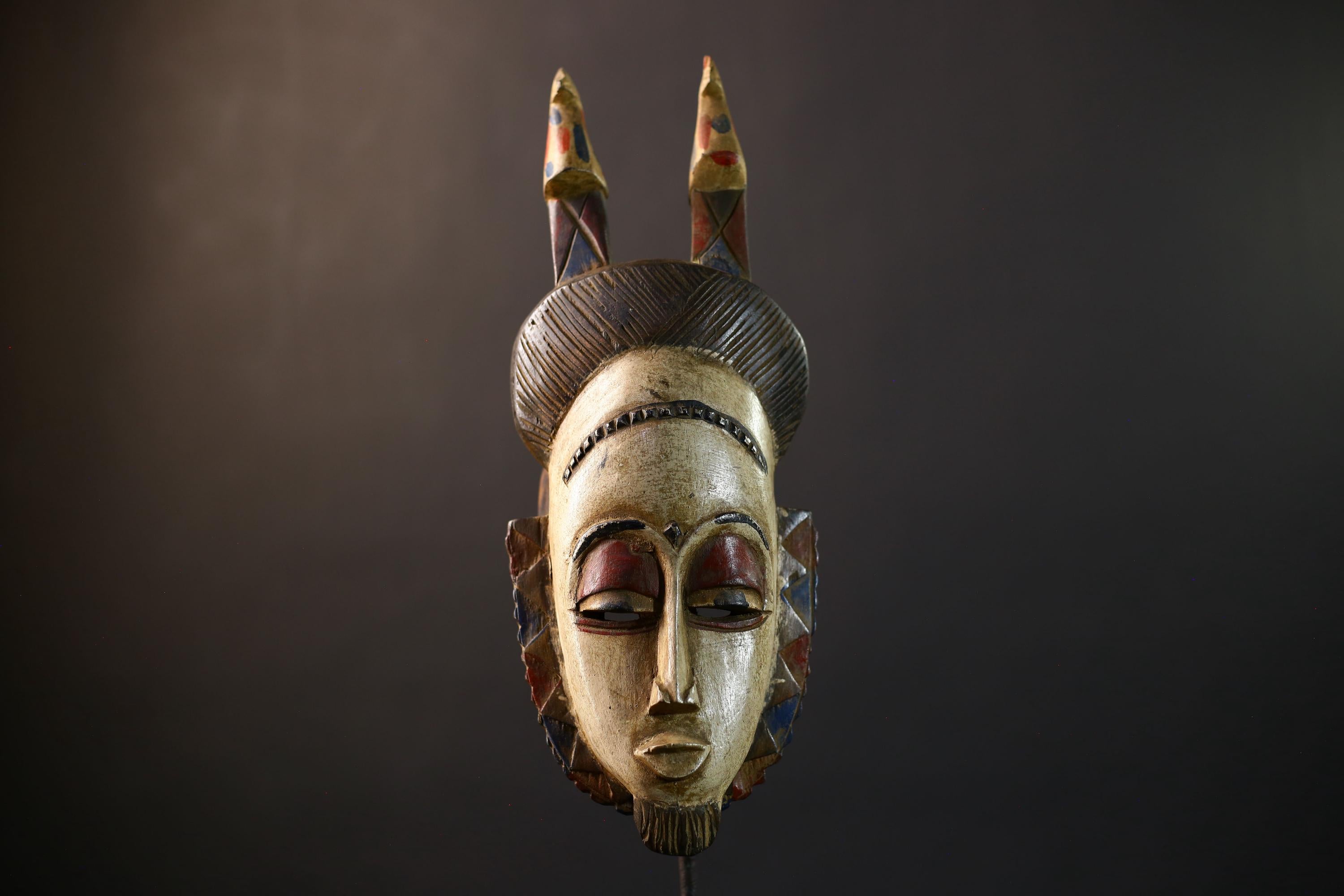 African White | Vintage Hand Carved Wooden Mask | Baule Wall Decor | Unique Birds Design | Ethnic Home Accent-G5204